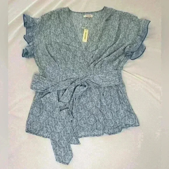 NWT Max Studio Crepe Tie Front Ruffle Sleeve Peasant Kimono Elastic Waist Blouse - Picture 2 of 10